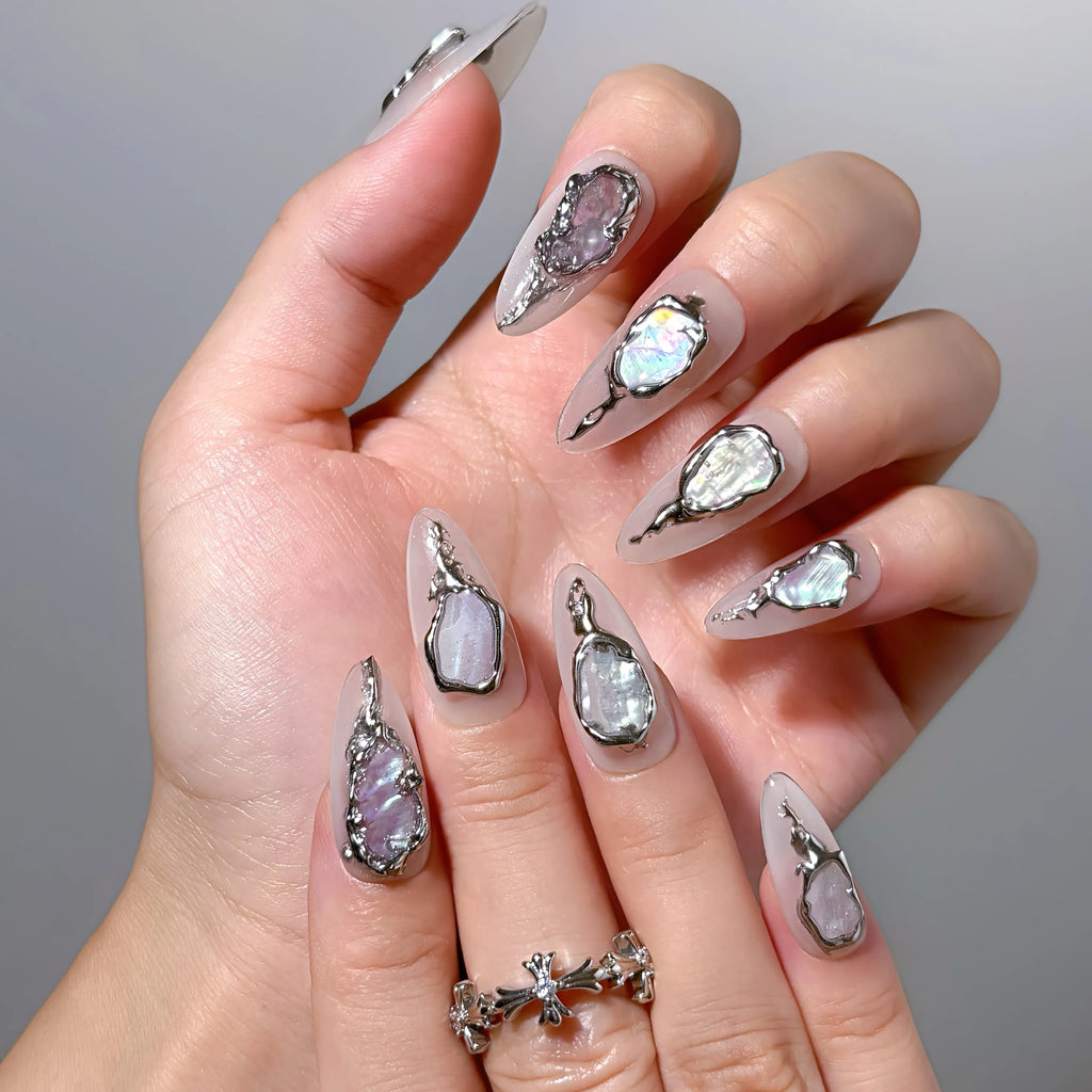 Molten Silver Abalone Press-On Nails | Almond Stiletto | Iridescent Shell 3D Frame | LuxepressCo