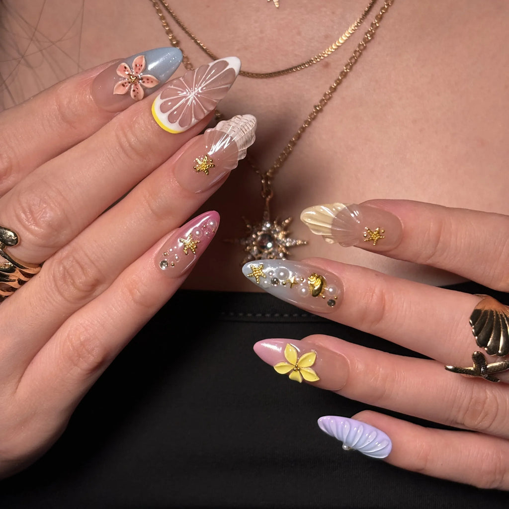 Seashell Garden Reverie Press-On Nails | Almond Stiletto | 3D Shell Plumeria Starfish Pastel | LuxepressCo