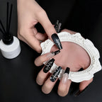 Gothic Corset Press-On Nails | Coffin Long | 3D Silver Cross Pearl Black | LuxepressCo