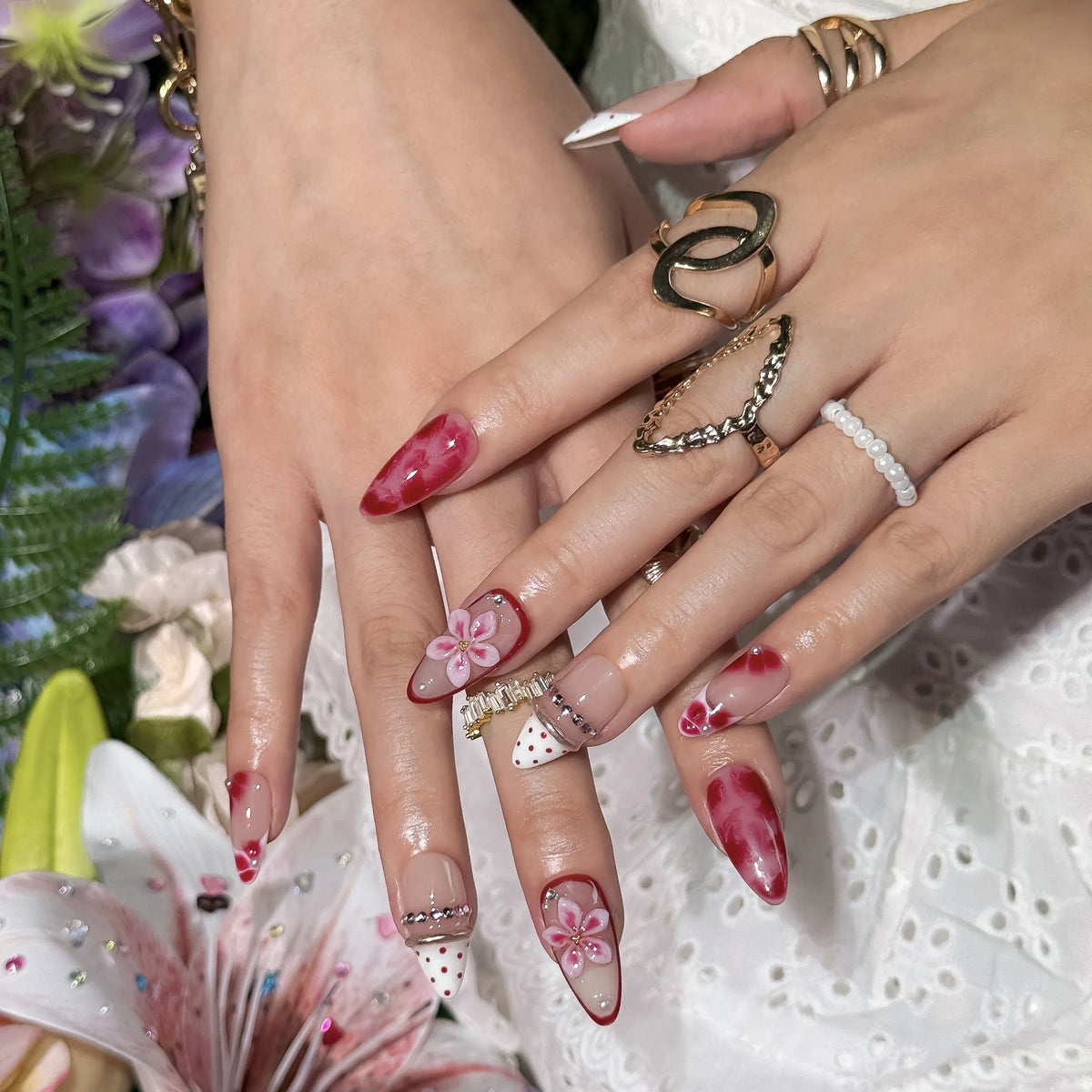 Ruby Petal Reverie Press-On Nails | Almond Stiletto | 3D Pink Flower Ruby Marble Polka | LuxepressCo