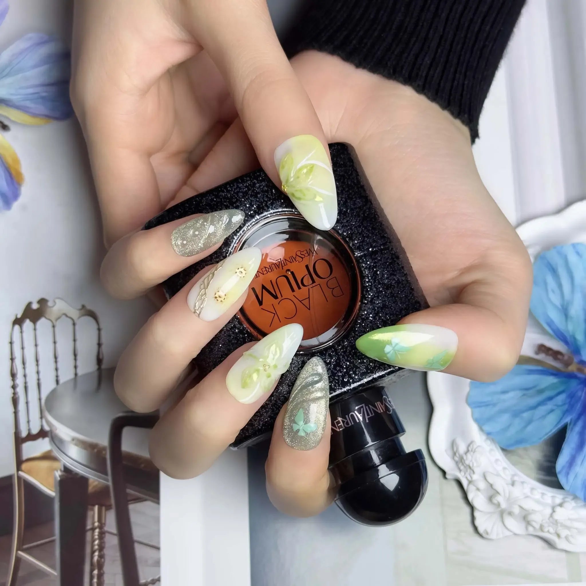 Enchanted Forest Mist Press-On Nails | Almond Stiletto | Sage Green Butterfly Dried Flower Botanical | LuxepressCo