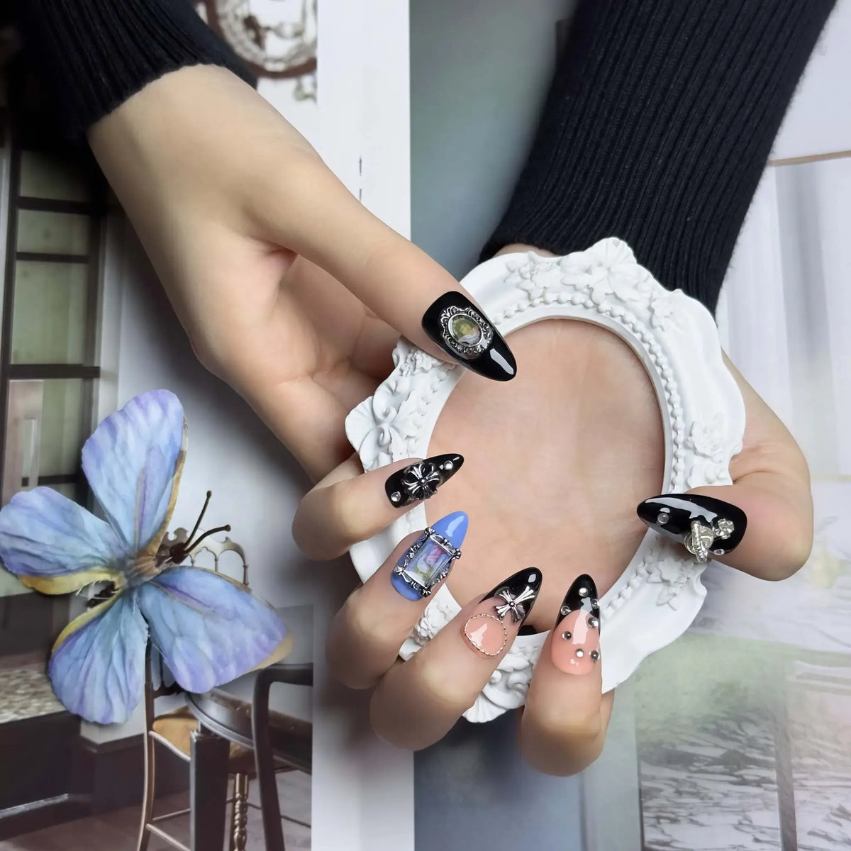 Dark Baroque Sacred Press-On Nails | Almond Stiletto | Saturn Cross Portrait Angel | LuxepressCo