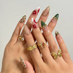 Dark Jungle Botanical Press-On Nails | Almond Stiletto | Emerald Green Gold | LuxepressCo