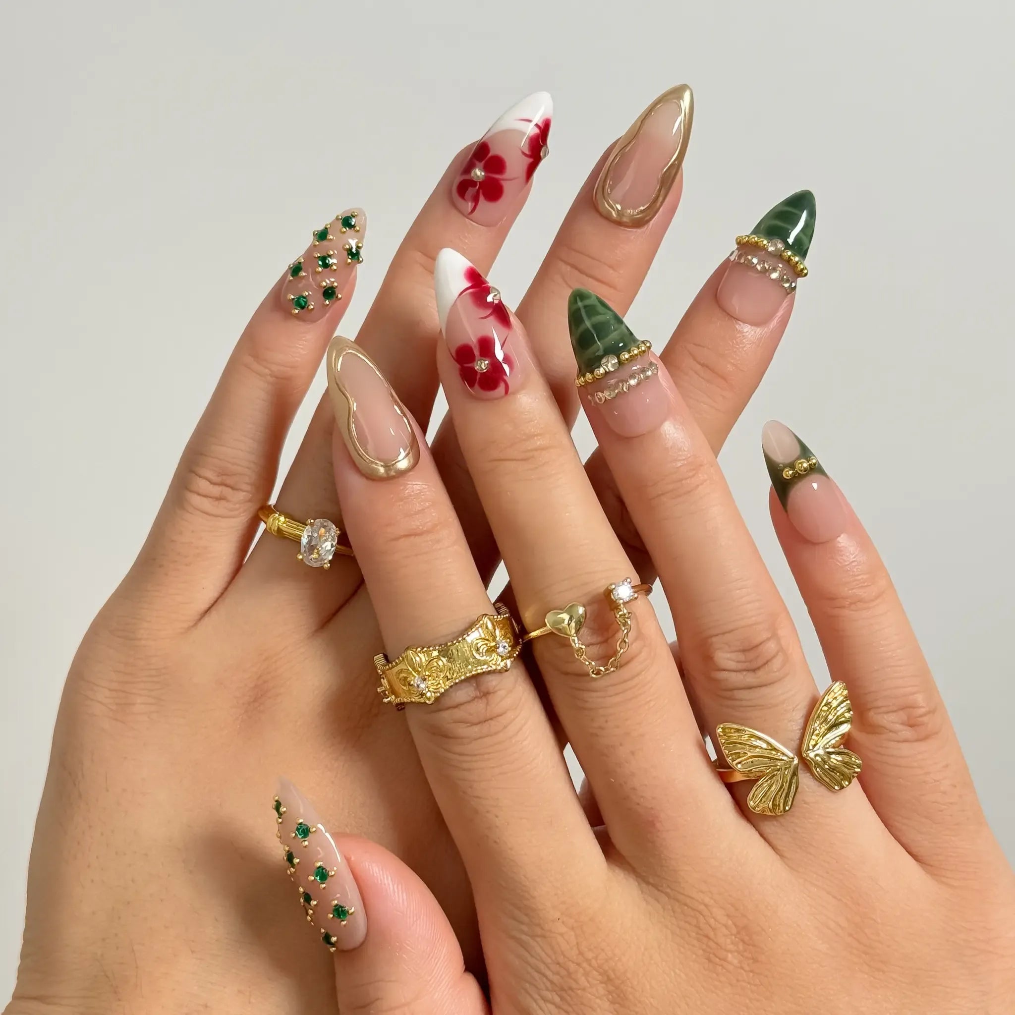 Dark Jungle Botanical Press-On Nails | Almond Stiletto | Emerald Green Gold | LuxepressCo
