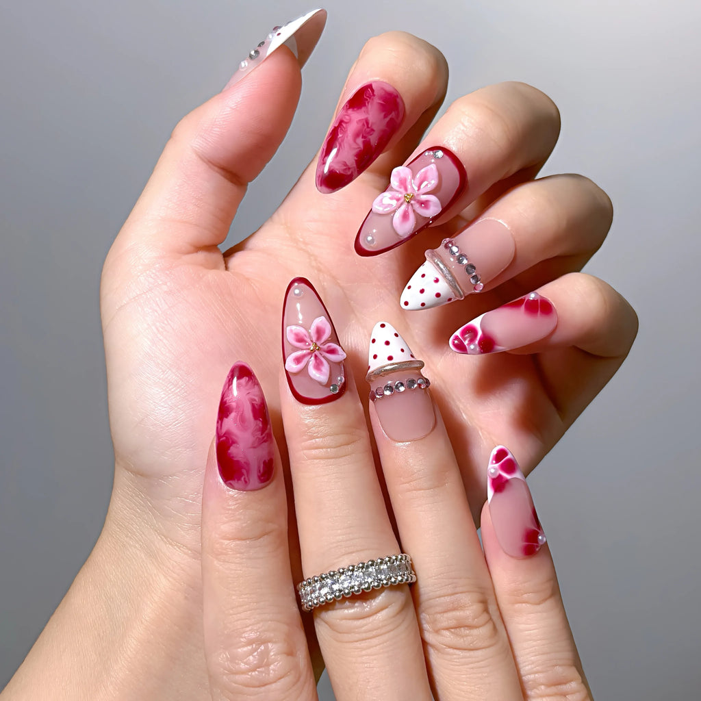 Ruby Petal Reverie Press-On Nails | Almond Stiletto | 3D Pink Flower Ruby Marble Polka | LuxepressCo
