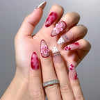 Ruby Petal Reverie Press-On Nails | Almond Stiletto | 3D Pink Flower Ruby Marble Polka | LuxepressCo