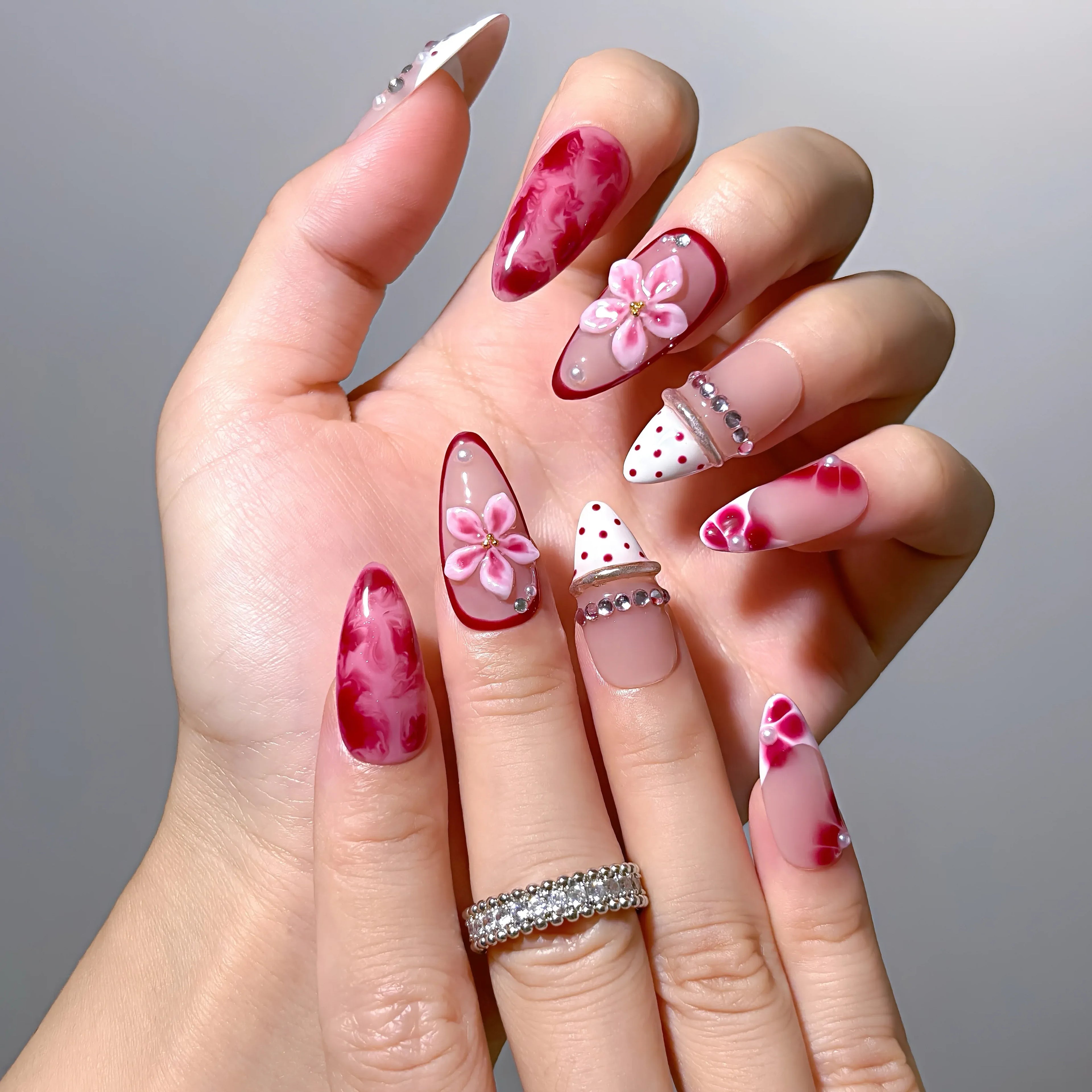 Ruby Petal Reverie Press-On Nails | Almond Stiletto | 3D Pink Flower Ruby Marble Polka | LuxepressCo