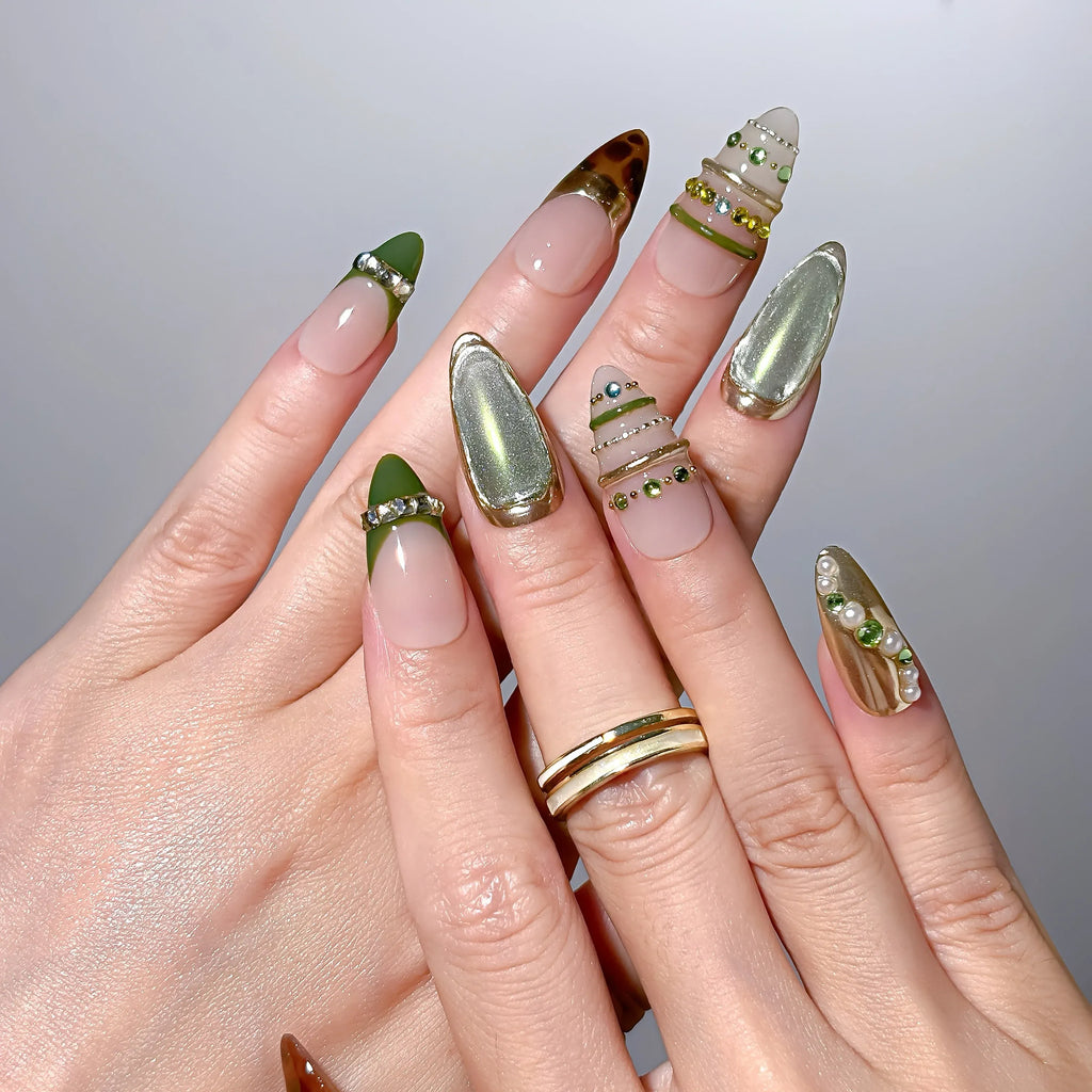 Military Chrome Armor Press-On Nails | Almond Stiletto | Olive Gold Bronze Dark | LuxepressCo
