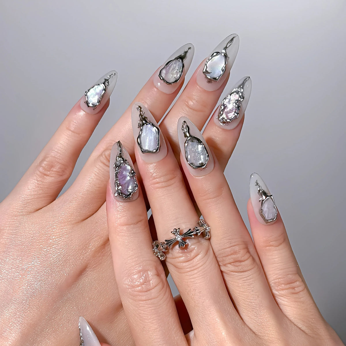 Molten Silver Abalone Press-On Nails | Almond Stiletto | Iridescent Shell 3D Frame | LuxepressCo