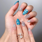 Ocean Angel Wing 3D Press-On Nails | Almond | Teal Blue Holographic | LuxepressCo