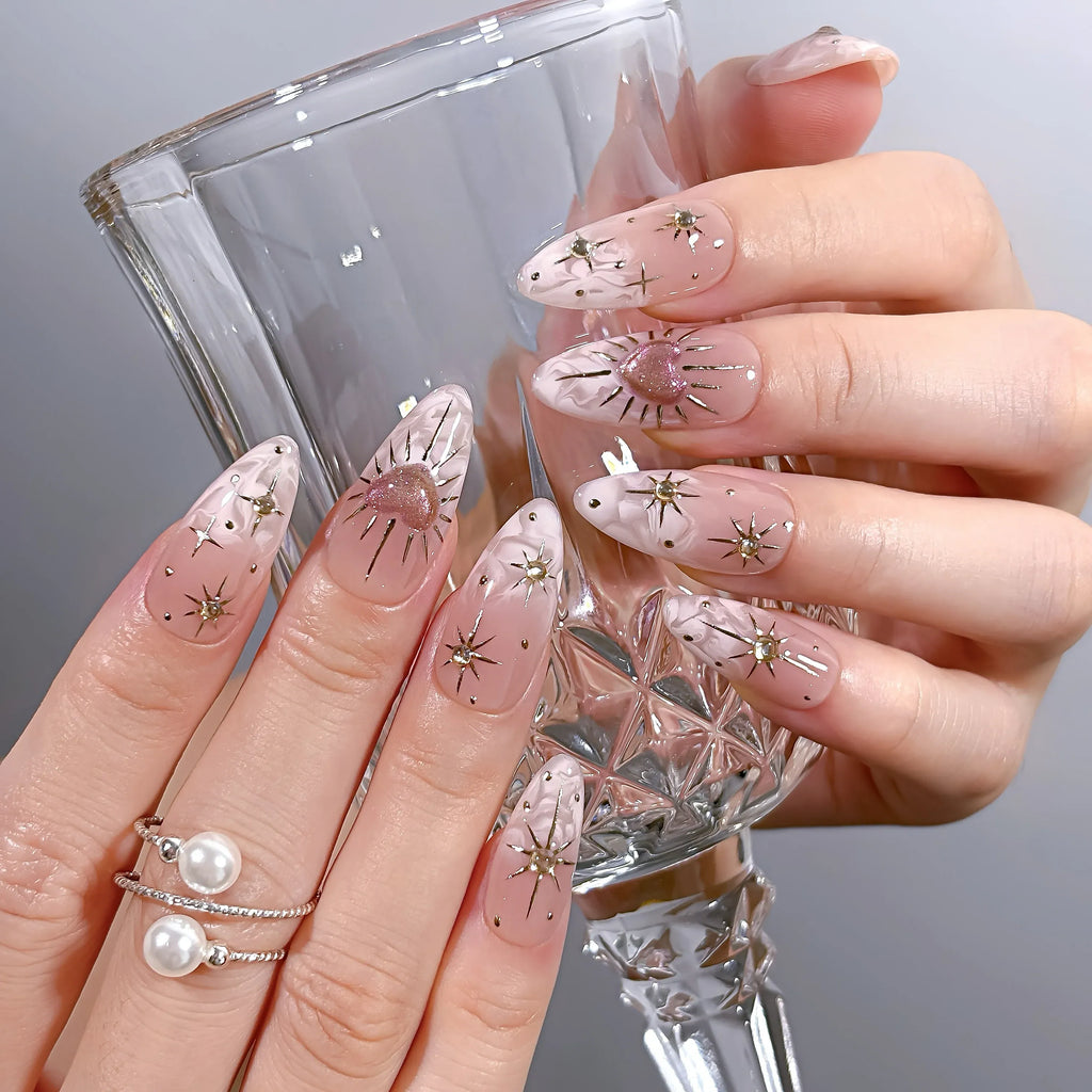 Gilded Heart Aura Press-On Nails | Almond | Gold Starburst Pink Heart | LuxepressCo
