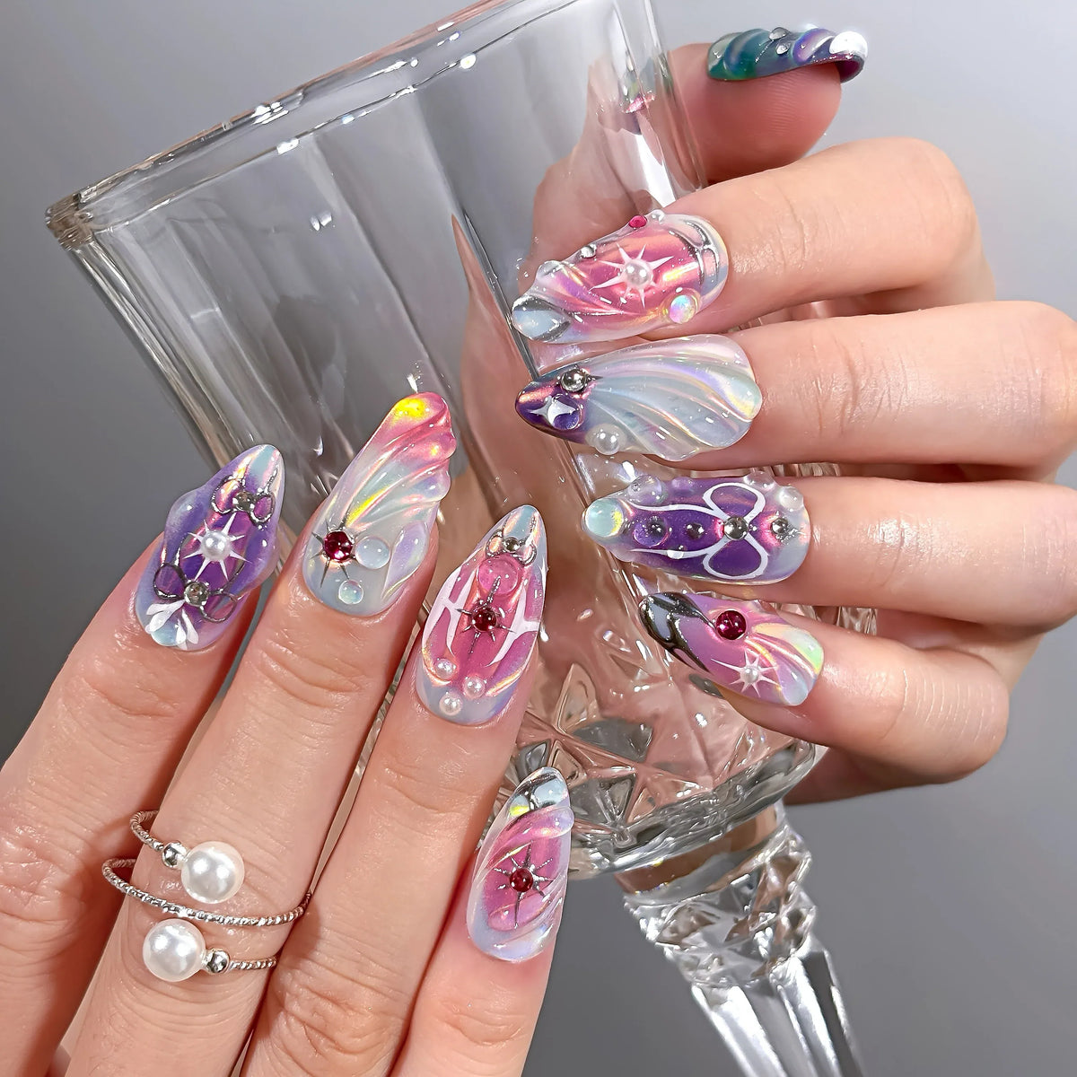 Aurora Fantasy 3D Press-On Nails | Almond | Iridescent Opal Fuchsia | LuxepressCo