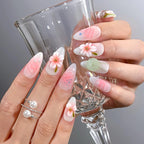 Jade Blossom Veil Press-On Nails | Almond | 3D Pink Flower Sheer Milky | LuxepressCo