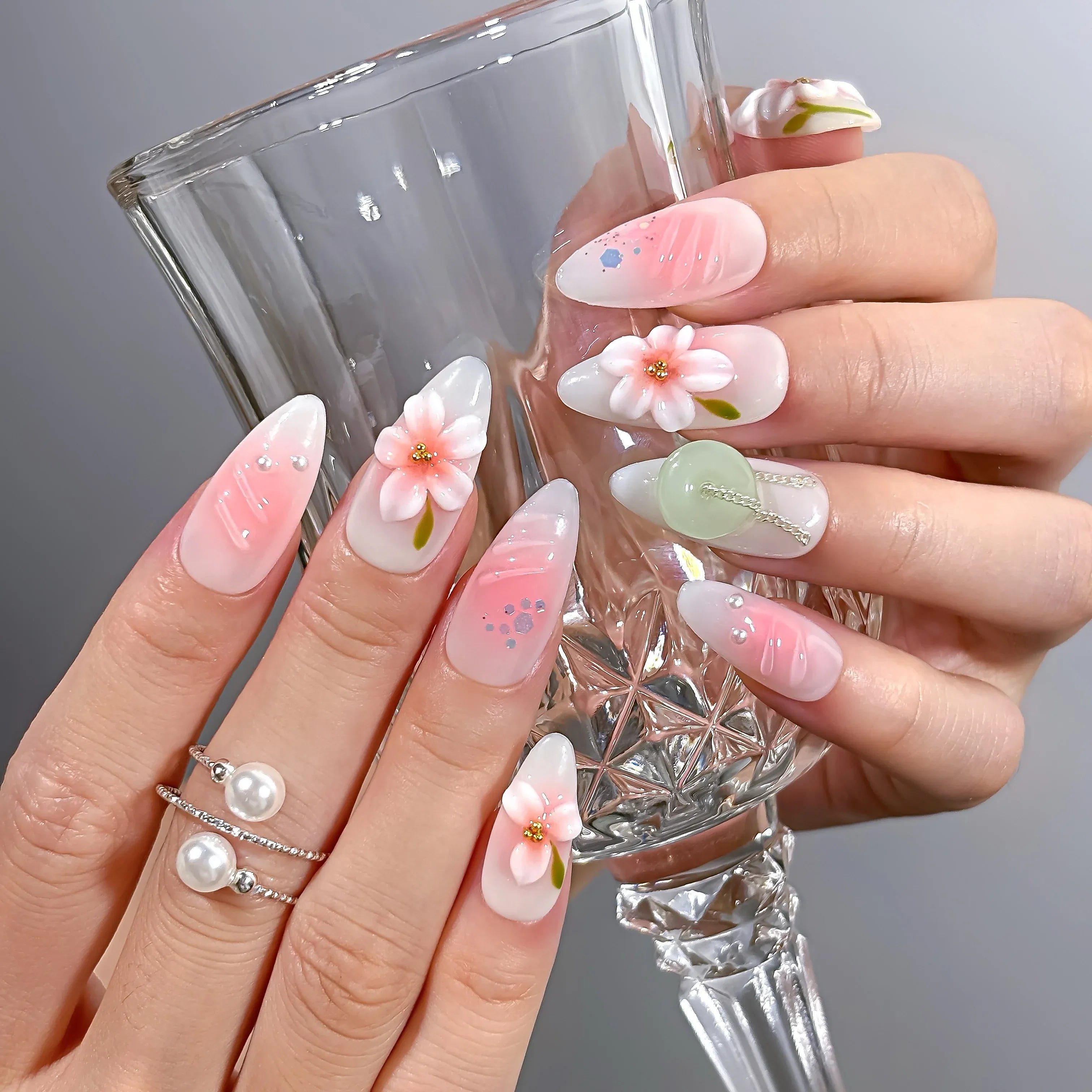 Jade Blossom Veil Press-On Nails | Almond | 3D Pink Flower Sheer Milky | LuxepressCo