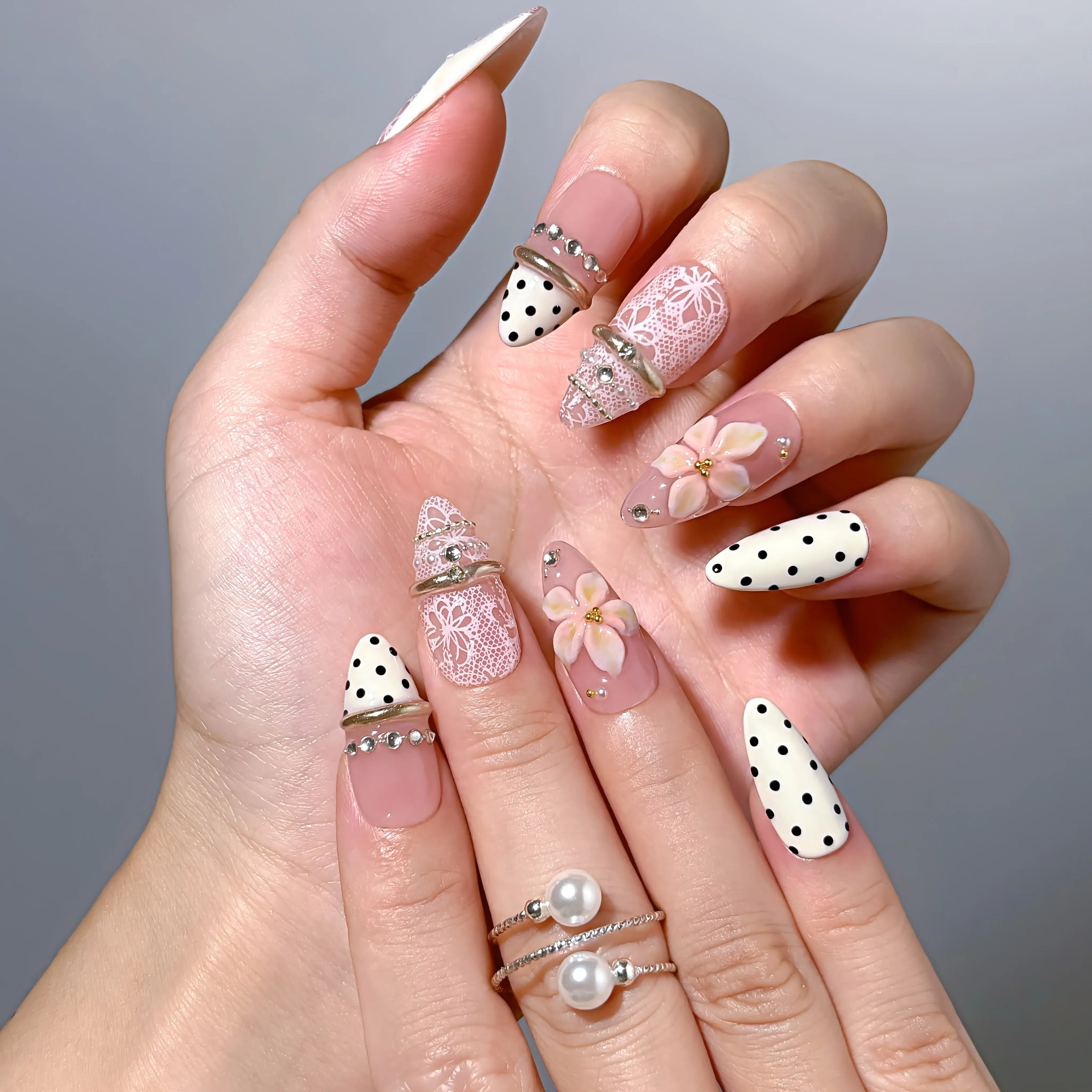 Blush Lace Amour 3D Press-On Nails | Almond | Coquette Vintage Lace | LuxepressCo
