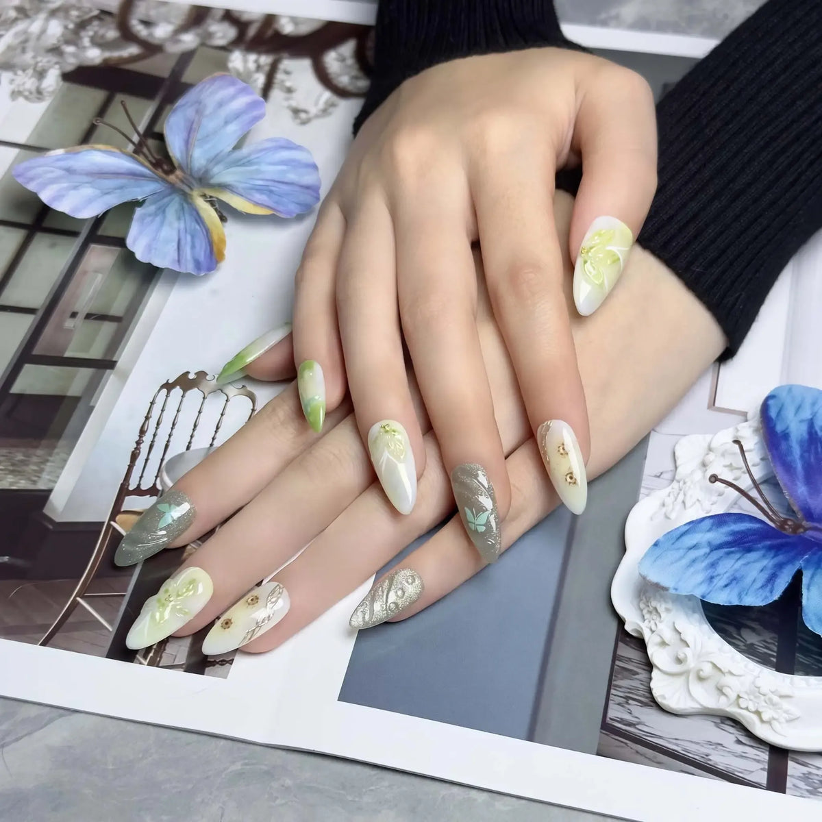 Enchanted Forest Mist Press-On Nails | Almond Stiletto | Sage Green Butterfly Dried Flower Botanical | LuxepressCo