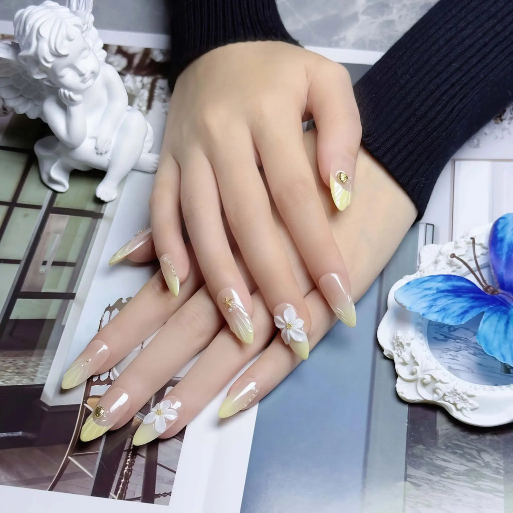 Sandy Shore Coastal Press-On Nails | Almond Stiletto | 3D Plumeria Shell Starfish | LuxepressCo