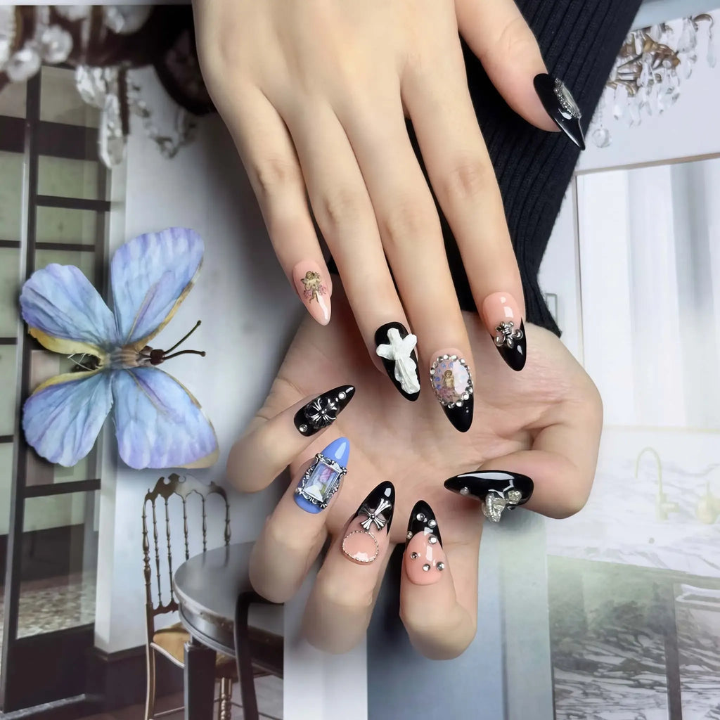 Dark Baroque Sacred Press-On Nails | Almond Stiletto | Saturn Cross Portrait Angel | LuxepressCo