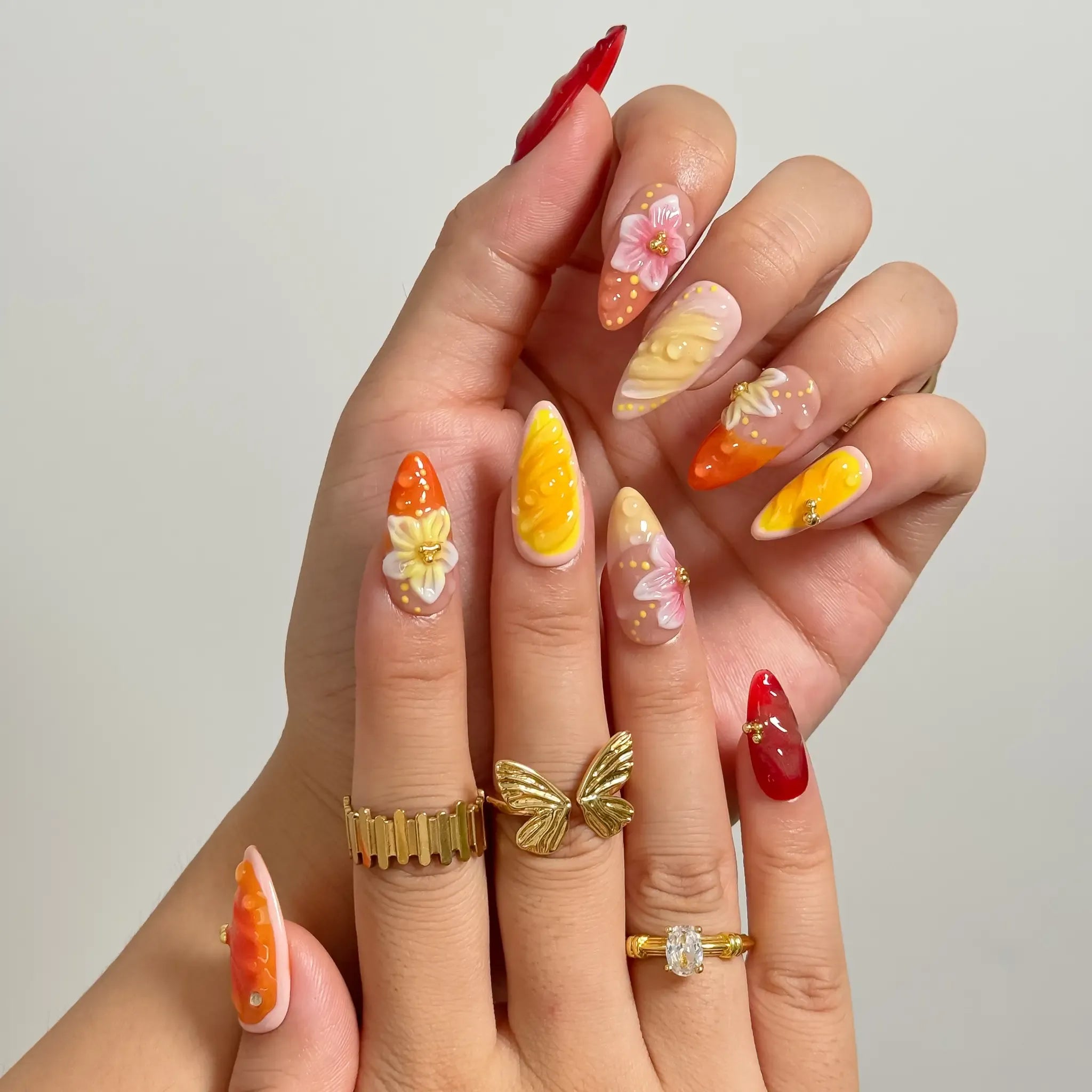 Sunset Bloom Jelly Press-On Nails | Almond Stiletto | Flame Swirl 3D Sakura | LuxepressCo