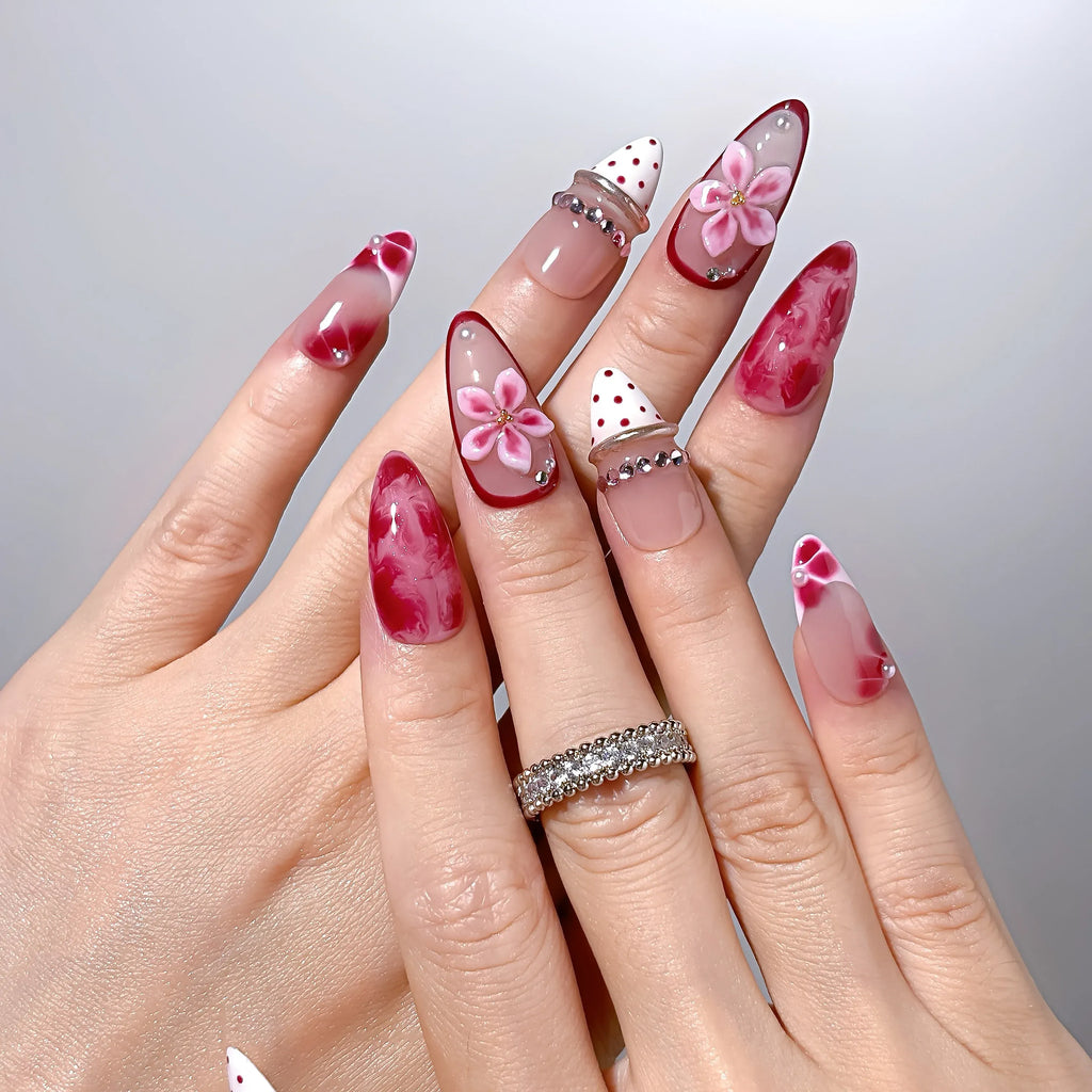 Ruby Petal Reverie Press-On Nails | Almond Stiletto | 3D Pink Flower Ruby Marble Polka | LuxepressCo