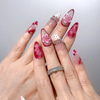 Ruby Petal Reverie Press-On Nails | Almond Stiletto | 3D Pink Flower Ruby Marble Polka | LuxepressCo