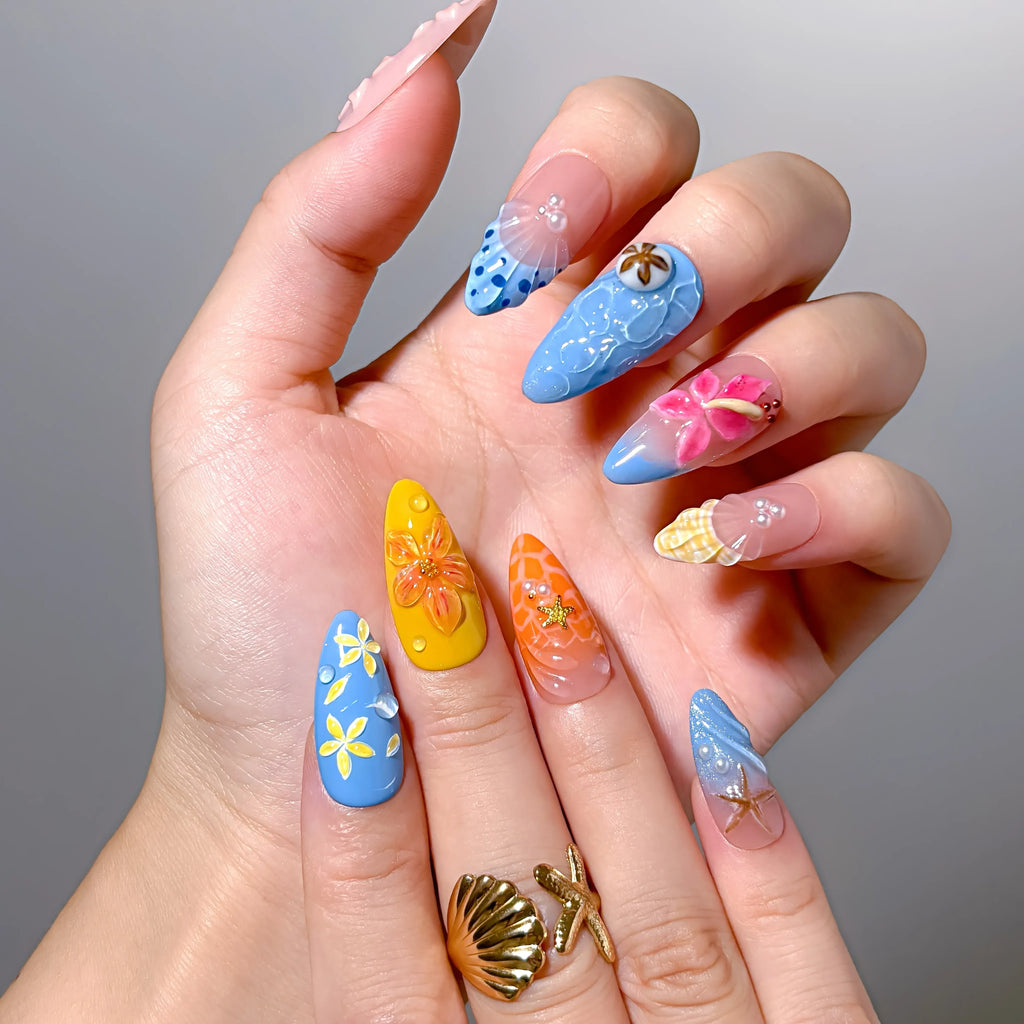 Tropical Shell Bloom Press-On Nails | Almond | 3D Hibiscus Shell Wave Sunset Beach | LuxepressCo