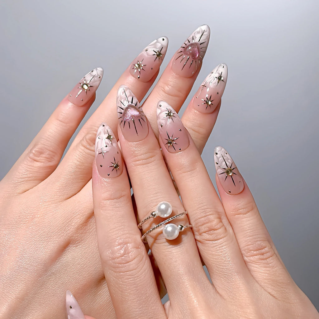 Gilded Heart Aura Press-On Nails | Almond | Gold Starburst Pink Heart | LuxepressCo
