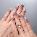 Gilded Heart Aura Press-On Nails | Almond | Gold Starburst Pink Heart | LuxepressCo