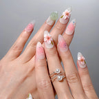 Jade Blossom Veil Press-On Nails | Almond | 3D Pink Flower Sheer Milky | LuxepressCo