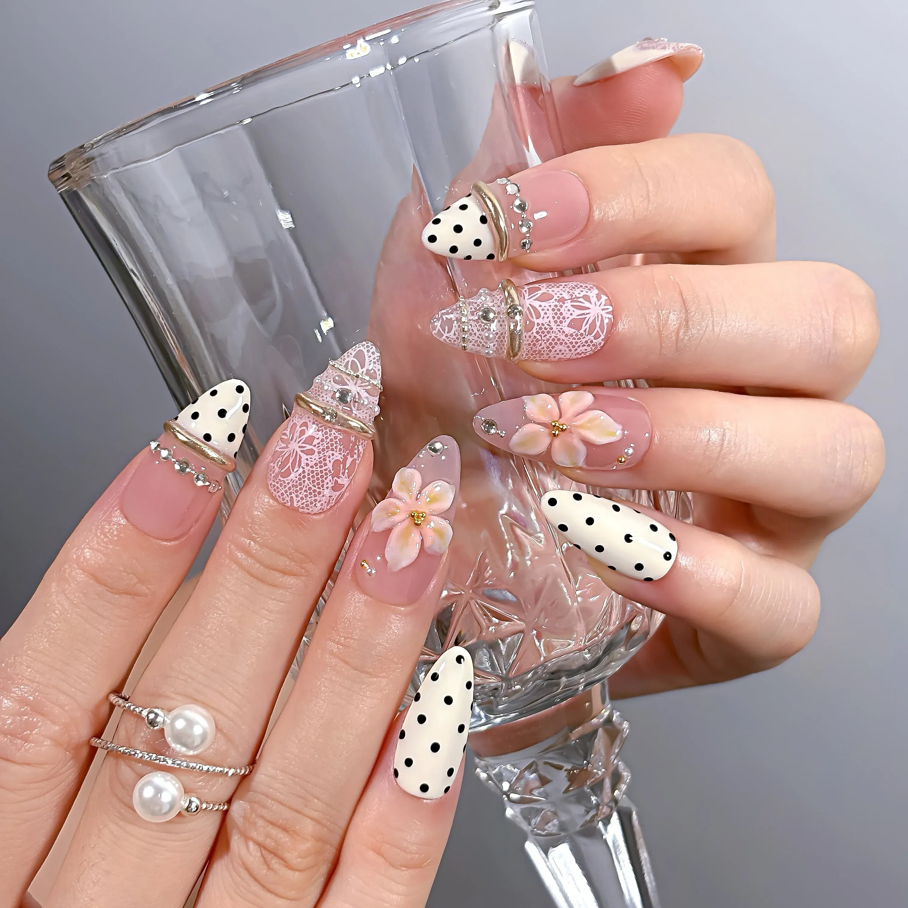 Blush Lace Amour 3D Press-On Nails | Almond | Coquette Vintage Lace | LuxepressCo