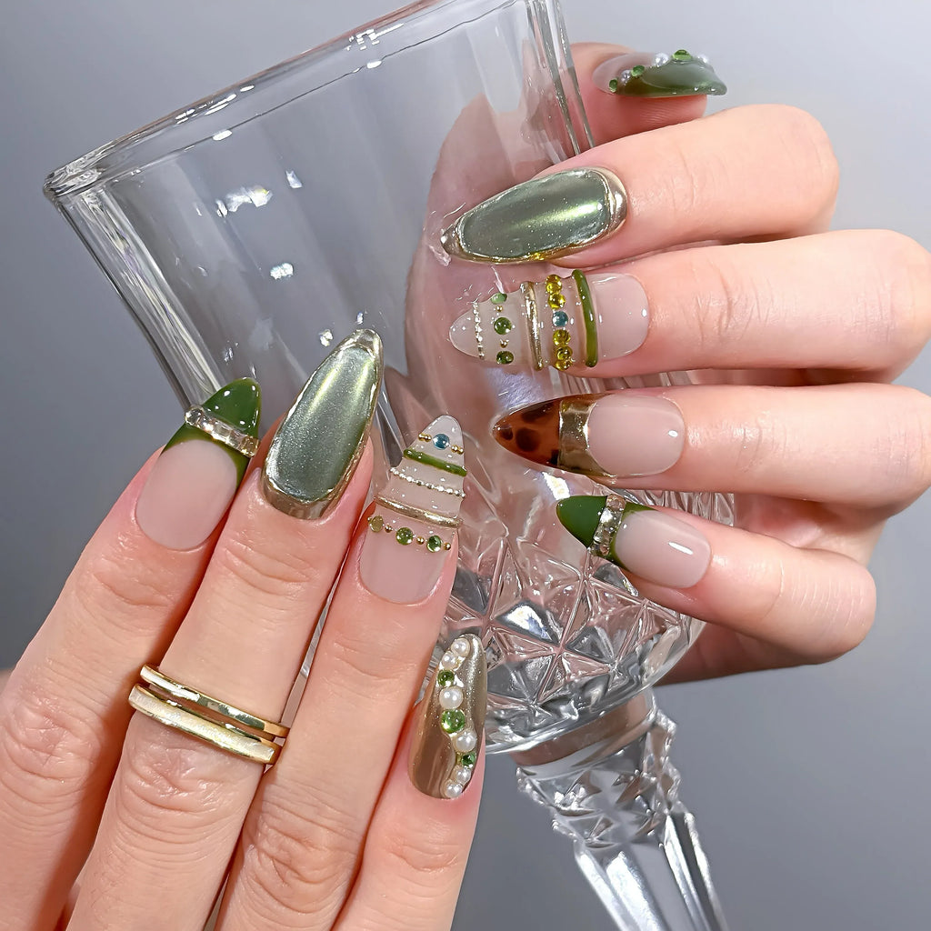 Military Chrome Armor Press-On Nails | Almond Stiletto | Olive Gold Bronze Dark | LuxepressCo