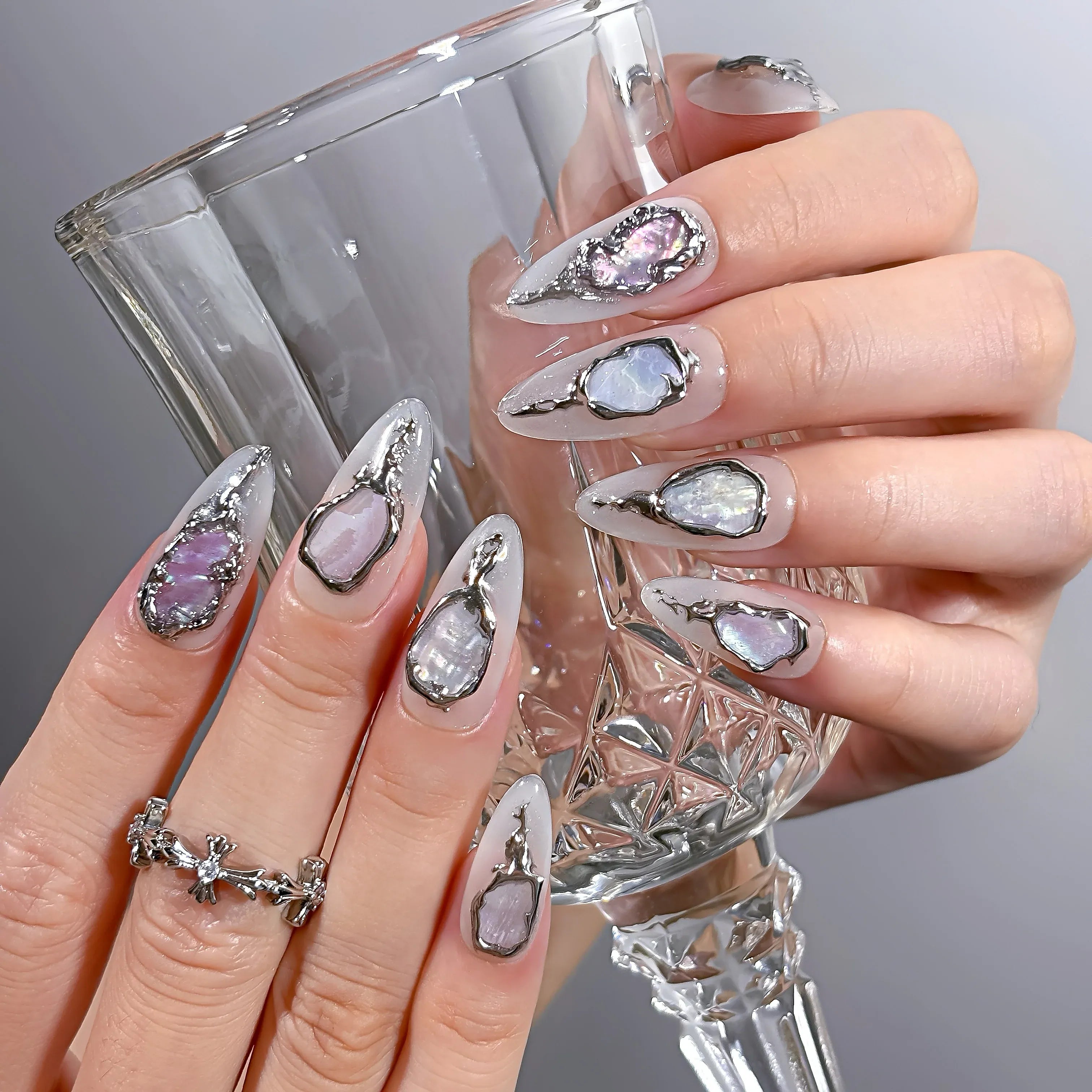 Molten Silver Abalone Press-On Nails | Almond Stiletto | Iridescent Shell 3D Frame | LuxepressCo