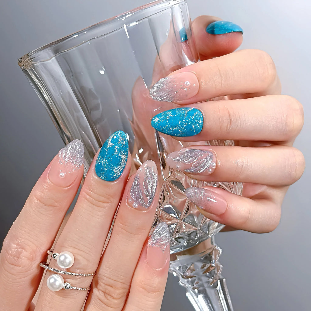 Ocean Angel Wing 3D Press-On Nails | Almond | Teal Blue Holographic | LuxepressCo