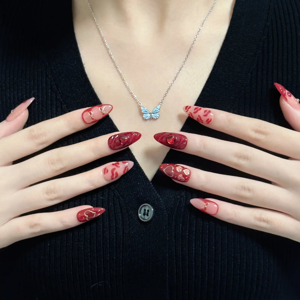 Red Heart & Lips 3D Press-On Nails | Stiletto Almond | Dark Romance Burgundy | LuxepressCo
