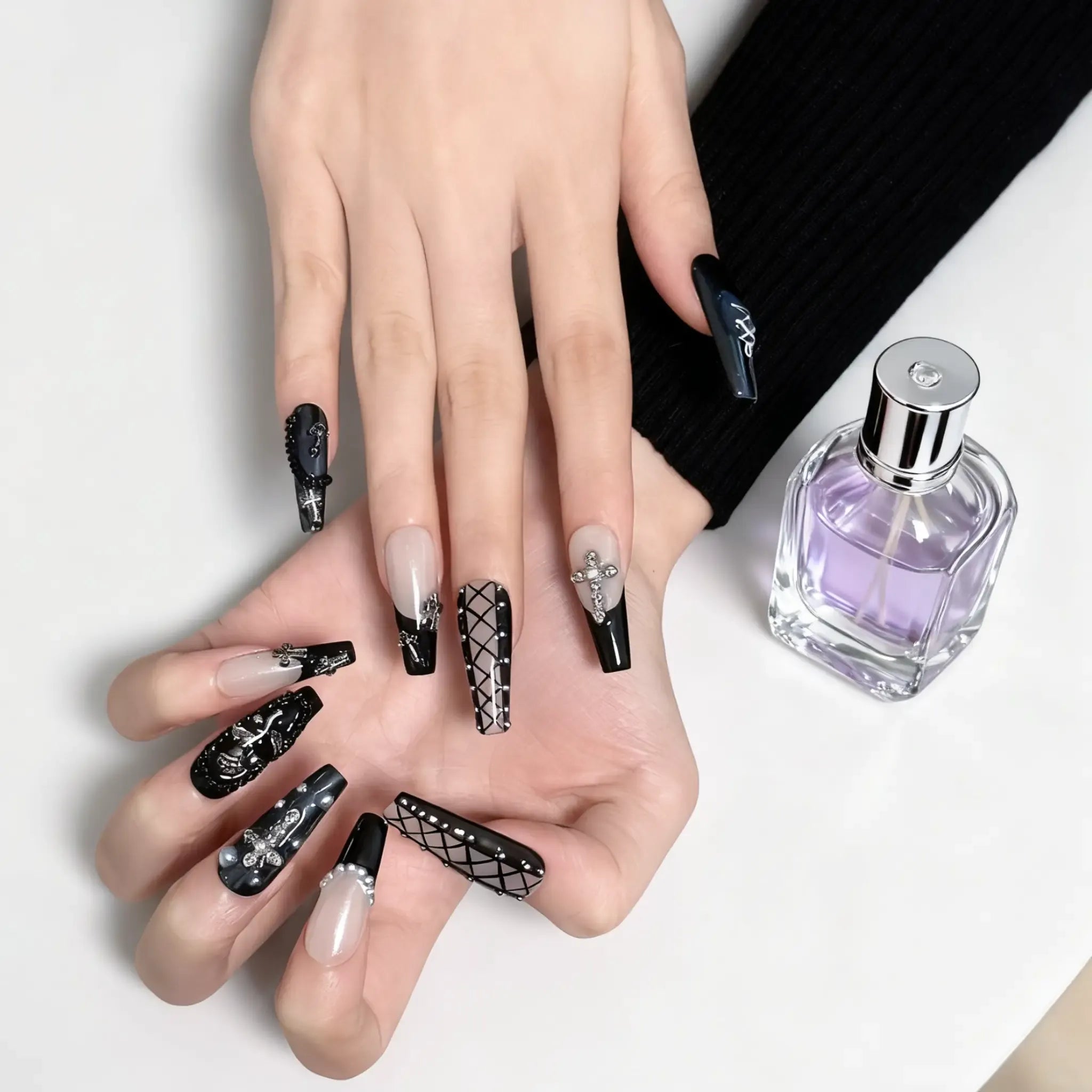 Gothic Corset Press-On Nails | Coffin Long | 3D Silver Cross Pearl Black | LuxepressCo