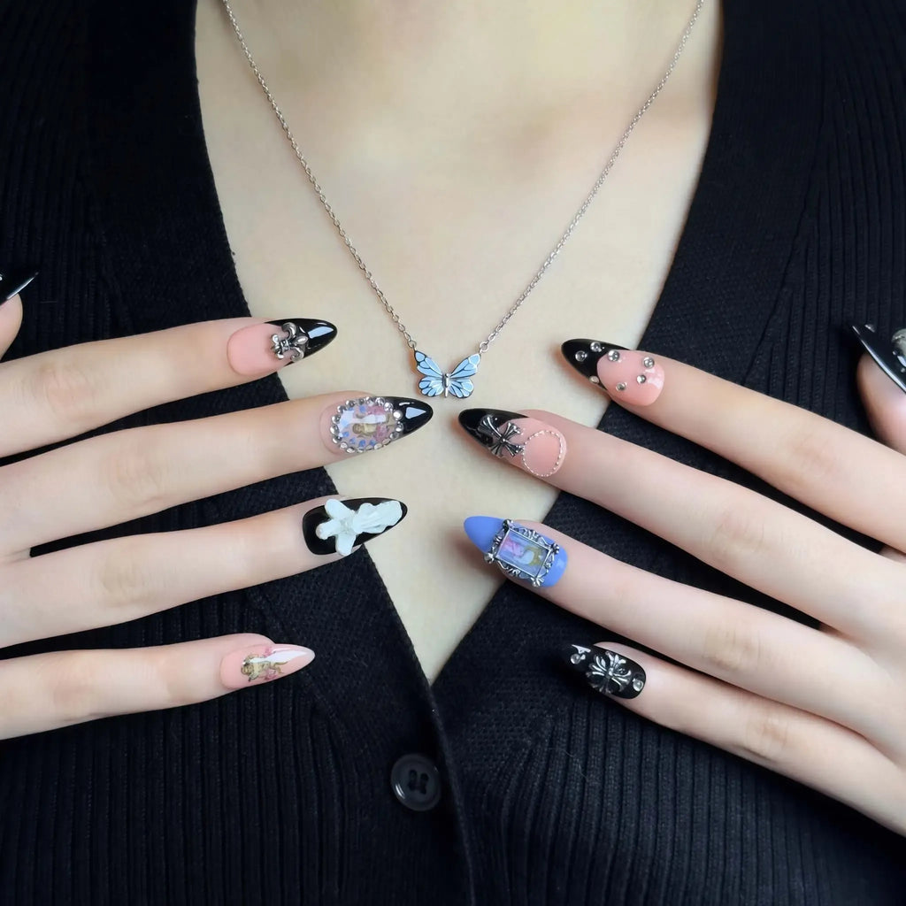 Dark Baroque Sacred Press-On Nails | Almond Stiletto | Saturn Cross Portrait Angel | LuxepressCo