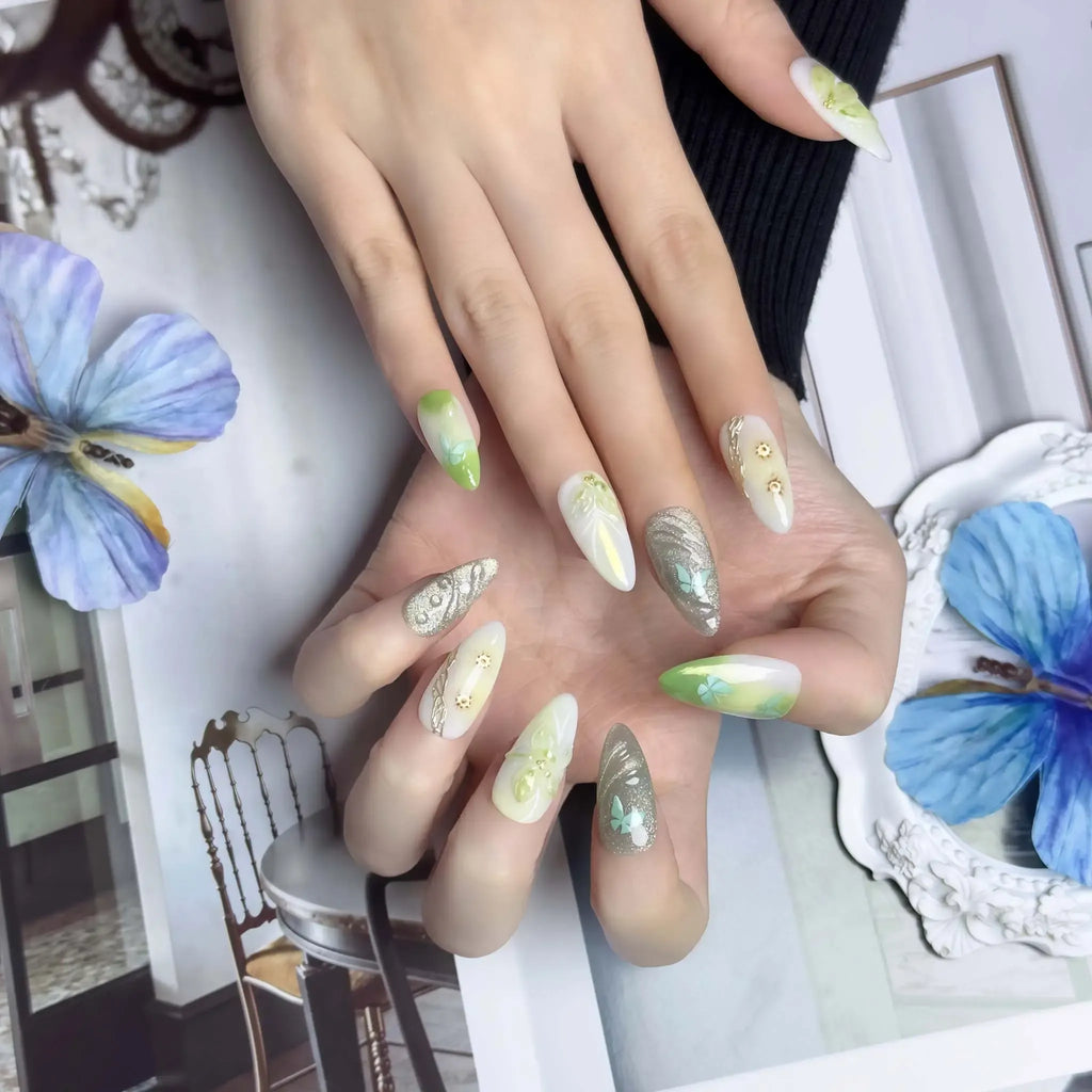 Enchanted Forest Mist Press-On Nails | Almond Stiletto | Sage Green Butterfly Dried Flower Botanical | LuxepressCo