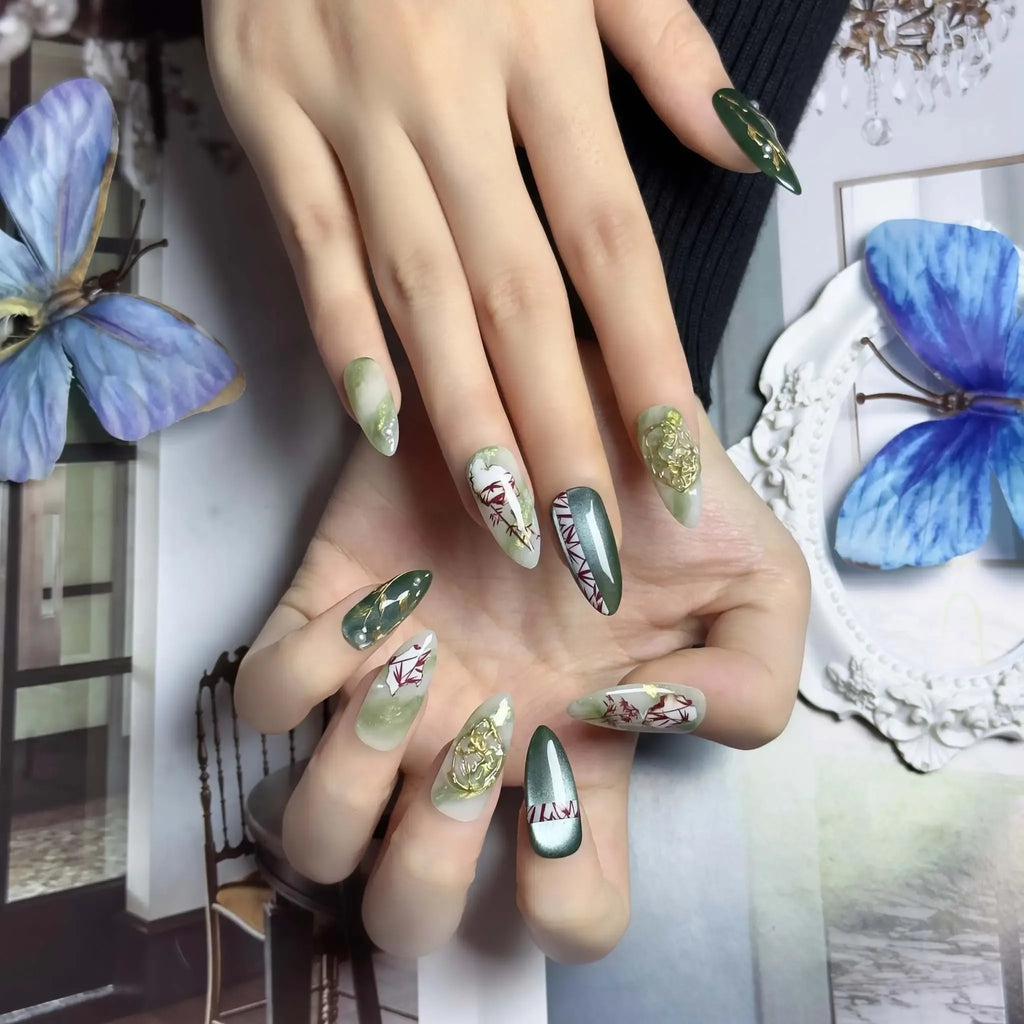 Jade Ink Art 3D Press-On Nails | Almond Stiletto | Bamboo Gold Rose | LuxepressCo