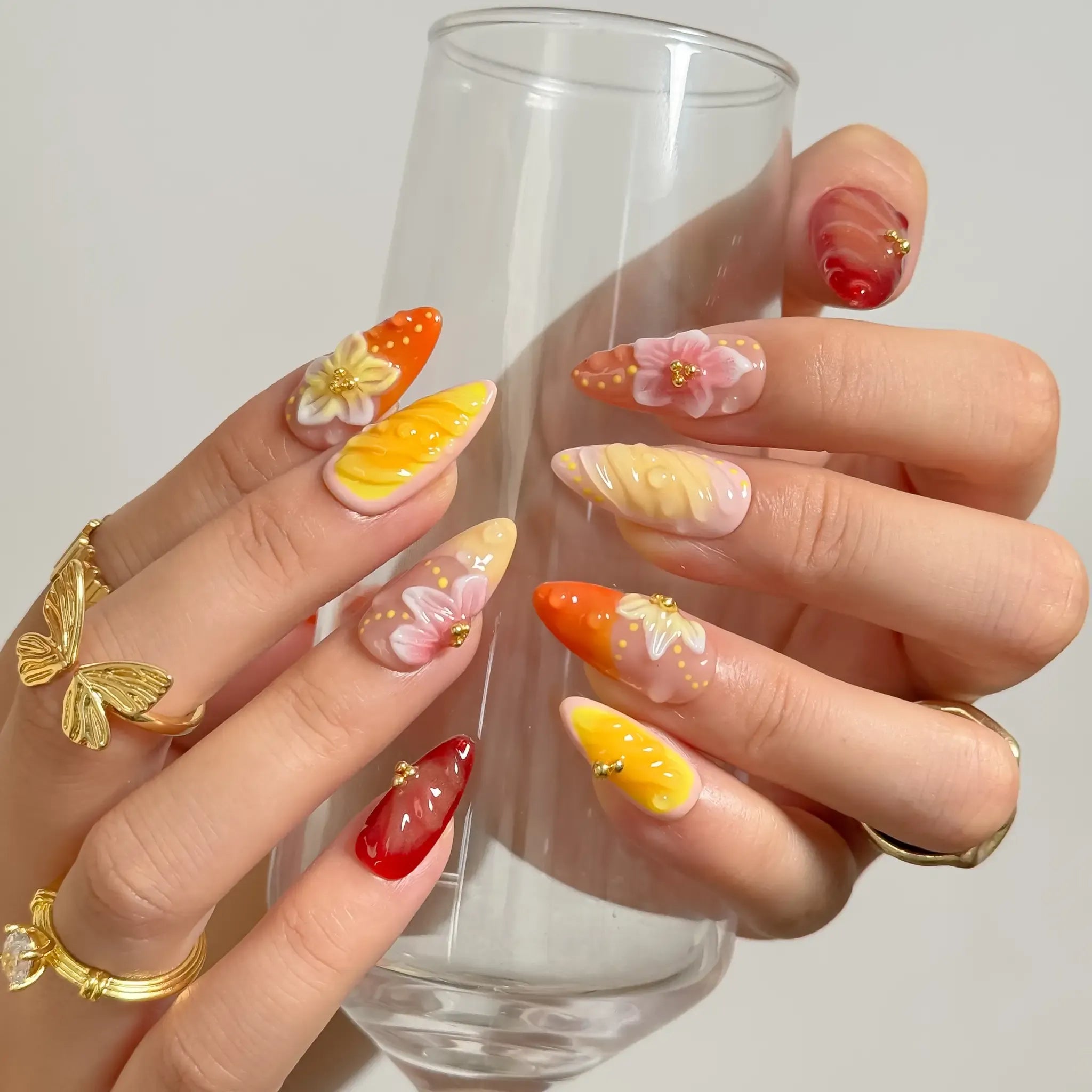 Sunset Bloom Jelly Press-On Nails | Almond Stiletto | Flame Swirl 3D Sakura | LuxepressCo