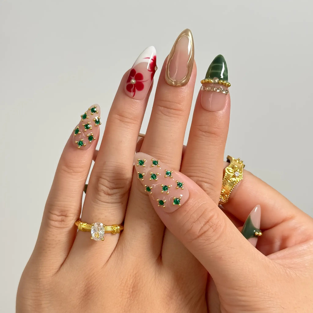 Dark Jungle Botanical Press-On Nails | Almond Stiletto | Emerald Green Gold | LuxepressCo