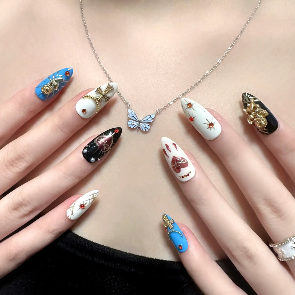 Dark Sacred Angel 3D Press-On Nails | Almond Stiletto | Gothic Gold Cross | LuxepressCo