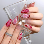 Ruby Petal Reverie Press-On Nails | Almond Stiletto | 3D Pink Flower Ruby Marble Polka | LuxepressCo