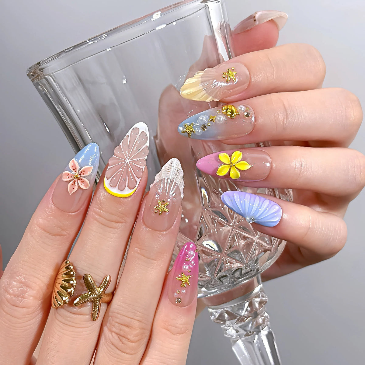 Seashell Garden Reverie Press-On Nails | Almond Stiletto | 3D Shell Plumeria Starfish Pastel | LuxepressCo
