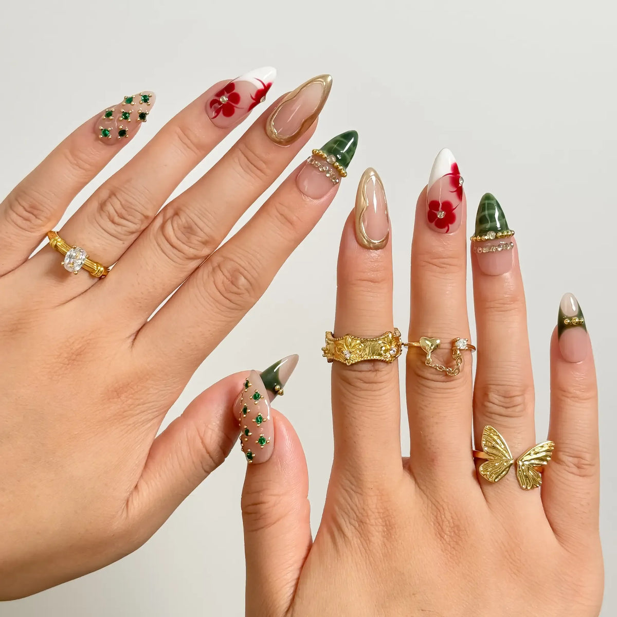 Dark Jungle Botanical Press-On Nails | Almond Stiletto | Emerald Green Gold | LuxepressCo