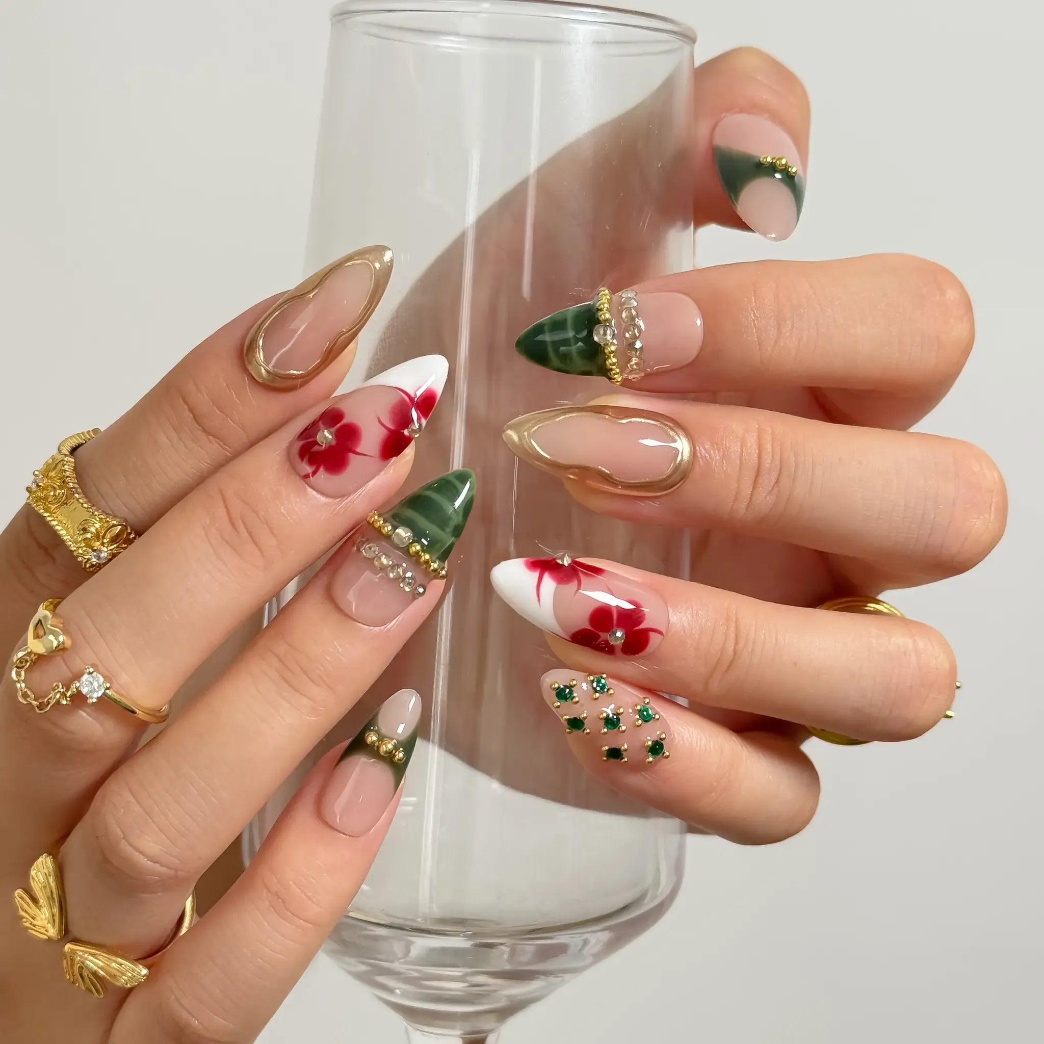 Dark Jungle Botanical Press-On Nails | Almond Stiletto | Emerald Green Gold | LuxepressCo