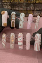 Christmas Press-On Nails | Gingerbread Snowman Pink Winter Coffin | Custom Press-On Nails