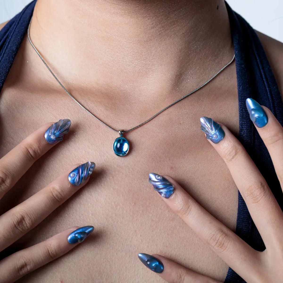 Deep Ocean 3D Sculptural Press-On Nails | Almond | Cat Eye Teal Chrome | LuxepressCo