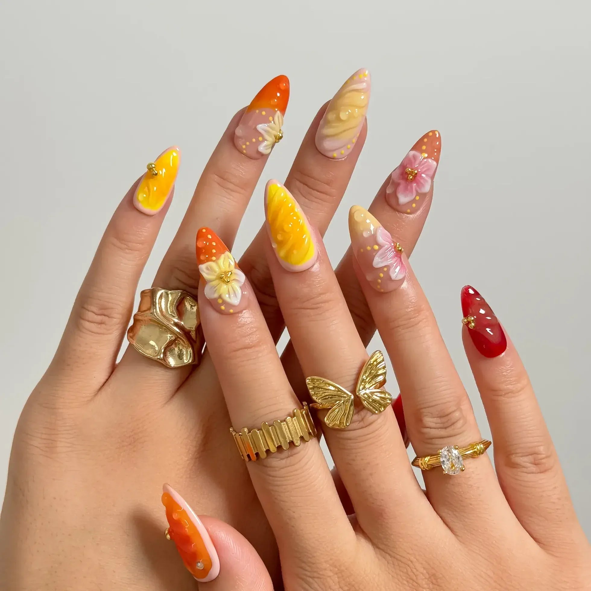 Sunset Bloom Jelly Press-On Nails | Almond Stiletto | Flame Swirl 3D Sakura | LuxepressCo
