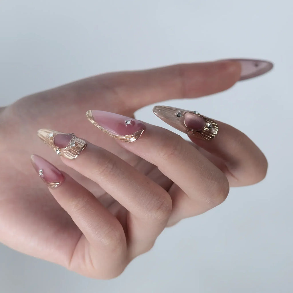 Amethyst Armour Press-On Nails | Stiletto Long | Cat Eye Mauve Gold Byzantine Frame | LuxepressCo