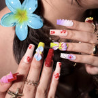Tropical Hibiscus 3D Press-On Nails | Coffin Long | Maximalist Y2K Bold Summer | LuxepressCo